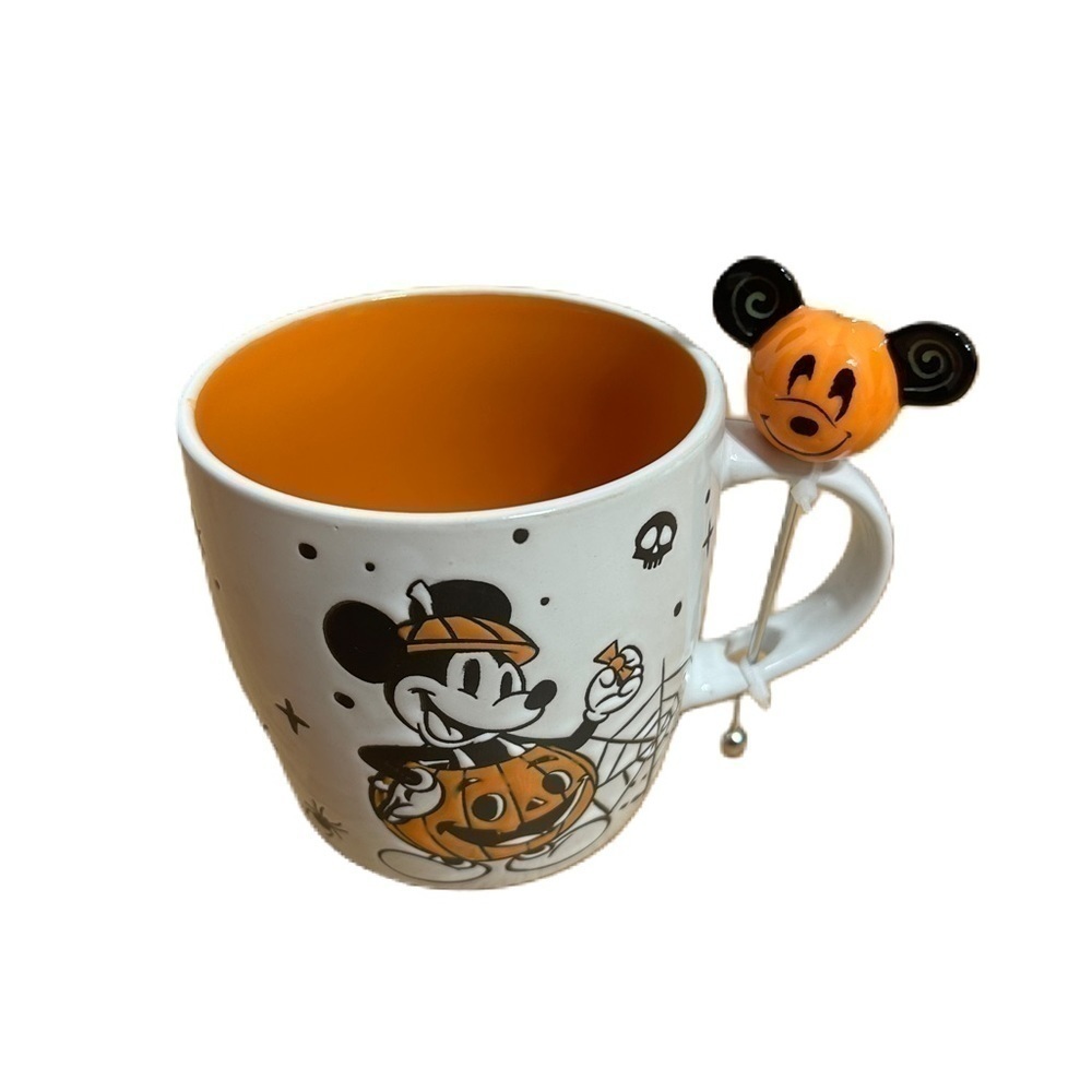 Disney Mickey Mouse Halloween Coffee Mug Cup W/ Pumpkin Stir Stick NEW